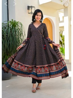 Black Women Floral Hand Block Print Angrakha Frock Style Anarkali Kurta Kurti Pant Dupatta Set Gown Dress