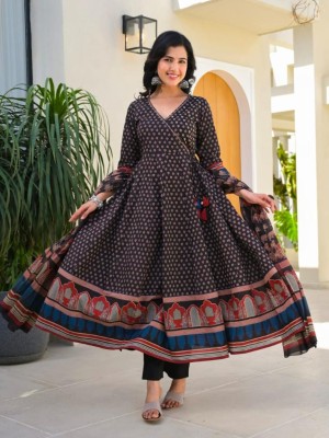 Black Women Floral Hand Block Print Angrakha Frock Style Anarkali Kurta Kurti Pant Dupatta Set Gown Dress