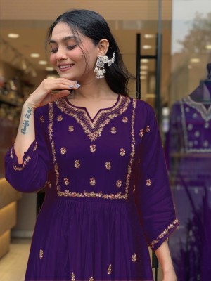 Purple Embroidered Anarkali Kurta Kurti Pant Dupatta Set Gown Salwar Kameez Dress (Set of 3)