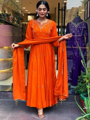 Orange Embroidered Anarkali Kurta Kurti Pant Dupatta Set Gown Salwar Kameez Dress (Set of 3)