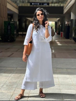 Sidhi White Color Cotton Plain Solid Ethnic Kurti Pant Salwar Kameez Set for Women