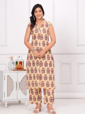 Mahika Cream Color Cotton Floral Sleeveless Kurti Pant Collared Salwar Kameez Set for Women