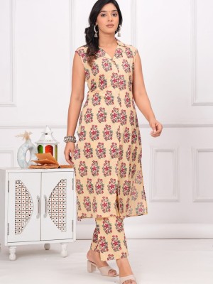 Mahika Cream Color Cotton Floral Sleeveless Kurti Pant Collared Salwar Kameez Set for Women