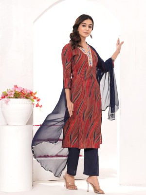 Naina Red Color Printed Indian Pakistani Straight Ethnic Salwar Kameez Kurti Pant Dupatta Set for Women