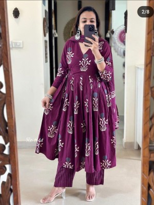 Wine Block Printed Cotton Traditional Angrakha Style Anarkali V-Neck Salwar Kameez Suit with Dupatta