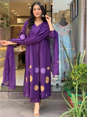 Zareen Purple Embroidered A-line Kurta Kurti Pant Dupatta Set Cotton Salwar Kameez Dress (Set of 3)