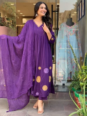 Zareen Purple Embroidered A-line Kurta Kurti Pant Dupatta Set Cotton Salwar Kameez Dress (Set of 3)