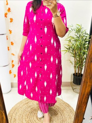 Reena Pink Printed Indian Cotton Salwar Kameez A-line Kurti Pant Co Ord Set Online for Women