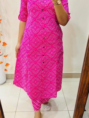 Pink Bandhani Printed Indian Cotton Salwar Kameez A-line Kurti Pant Co Ord Set Online for Women