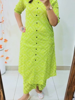 Green Bandhani Printed Indian Cotton Salwar Kameez A-line Kurti Pant Co Ord Set Online for Women