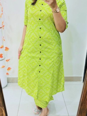 Green Bandhani Printed Indian Cotton Salwar Kameez A-line Kurti Pant Co Ord Set Online for Women