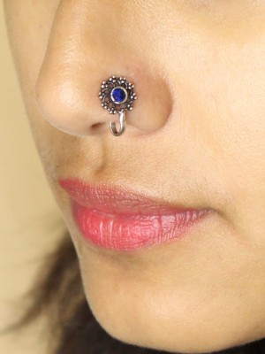 Non-Piercing Flower Nose Pin for Women Indian Oxidized Silver Plated Adjustable Free Size Brass Jewelry