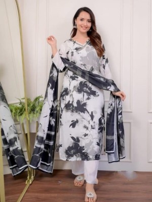 Aditi Black & White Printed Hand Work Straight Kurti Pant Dupatta Set Muslin Salwar Kameez Dress (Set of 3)