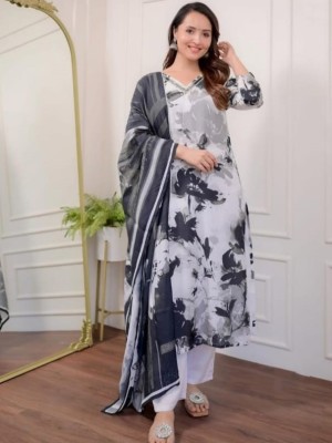 Aditi Black & White Printed Hand Work Straight Kurti Pant Dupatta Set Muslin Salwar Kameez Dress (Set of 3)