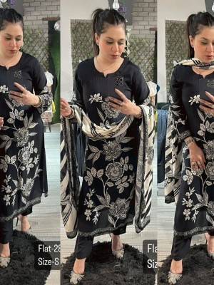 Roma Black Embroidered Printed Straight Kurti Pant Dupatta Set Muslin Salwar Kameez Dress (Set of 3)