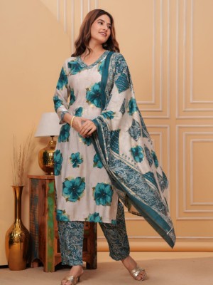 Blue Beige Floral Printed Straight Kurti Pant Dupatta Set Cotton Salwar Kameez Dress (Set of 3)