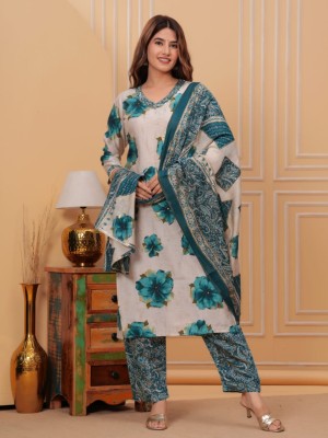 Blue Beige Floral Printed Straight Kurti Pant Dupatta Set Cotton Salwar Kameez Dress (Set of 3)