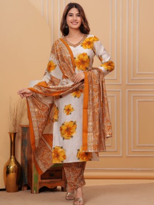 Orange Beige Floral Printed Straight Kurti Pant Dupatta Set Cotton Salwar Kameez Dress (Set of 3)