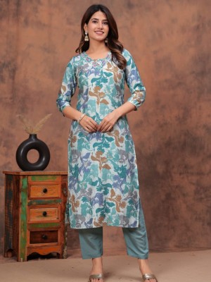 Blue Casual Floral Printed Kurti Pant Dupatta Set Straight Muslin Salwar Kameez Dress (Set of 3)