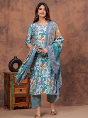 Blue Casual Floral Printed Kurti Pant Dupatta Set Straight Muslin Salwar Kameez Dress (Set of 3)