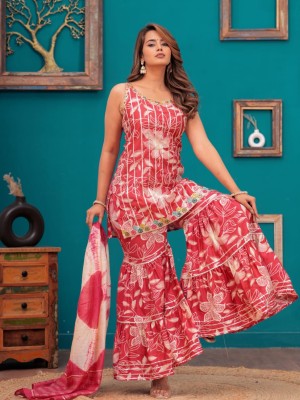 Pink Indian Pakistani Readymade Floral Printed Sleeveless Salwar Kameez Set Indian Designer Muslin Sharara Suit Top