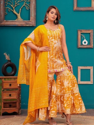 Yellow Indian Pakistani Readymade Floral Printed Sleeveless Salwar Kameez Set Indian Designer Muslin Sharara Suit Top