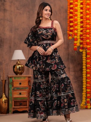 Black Indian Pakistani Readymade Floral Printed Salwar Kameez Set Designer Muslin Sharara Suit Dress