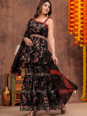 Black Indian Pakistani Readymade Floral Printed Salwar Kameez Set Designer Muslin Sharara Suit Dress