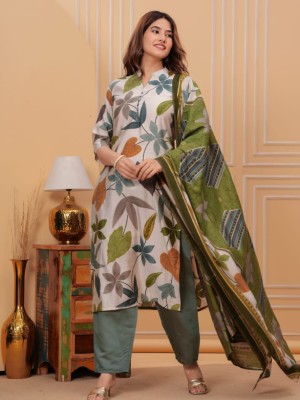 Green Floral Printed Kurti Pant Dupatta Set Straight Muslin Salwar Kameez Dress (Set of 3)