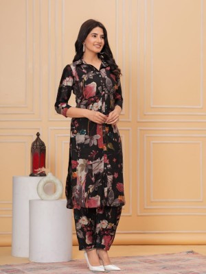 Black Floral Printed Kurti Pant Co Ord Set Straight Muslin Party Wear Salwar Kameez Dress (Set of 2)