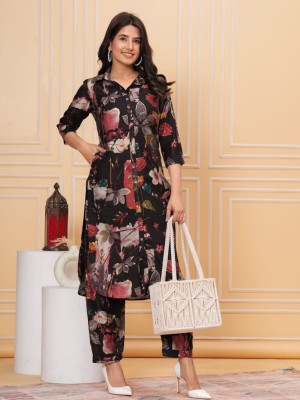 Black Floral Printed Kurti Pant Co Ord Set Straight Muslin Party Wear Salwar Kameez Dress (Set of 2)