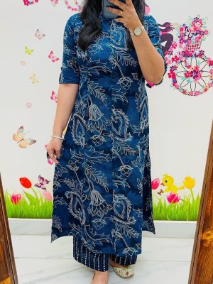 Blue Floral Printed Cord Set Indian Cotton Salwar Kameez A-line Kurti Pant Co Ord Set Online for Women