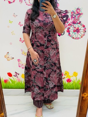 Black Floral Printed Cord Set Indian Cotton Salwar Kameez A-line Kurti Pant Co Ord Set Online for Women