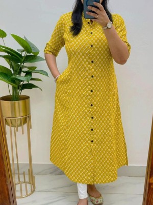 Yellow Printed Cord Set Indian Cotton Salwar Kameez A-line Kurti Pant Co Ord Set Online for Women