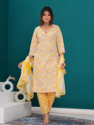 Yellow Color Floral Indian Straight Salwar Kameez Kurti Pant Set for Women Embroidery Work