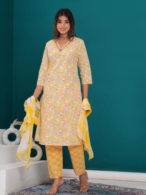 Yellow Color Floral Indian Straight Salwar Kameez Kurti Pant Set for Women Embroidery Work