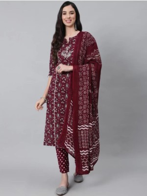 Faiza Maroon Color Floral Indian Cotton Straight Salwar Kameez Kurti Pant Set for Women Embroidery Work