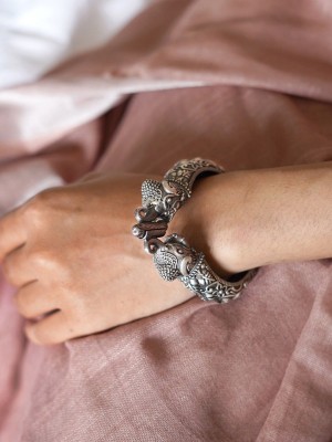 Elephant Kangan Kada Traditional Silver Replica Adjustable Bracelet Bohemian Oxidised German Silver Bangle Pair for Girls