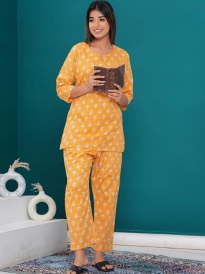 Yellow Cotton Nightwear Dress Kurti Pyjama Co Ord Set for Summer Night PJ