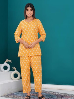 Yellow Cotton Nightwear Dress Kurti Pyjama Co Ord Set for Summer Night PJ