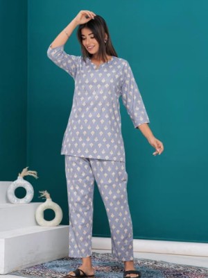 Lavender Cotton Nightwear Dress Kurti Pyjama Co Ord Set for Summer Night PJ