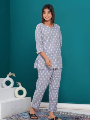 Lavender Cotton Nightwear Dress Kurti Pyjama Co Ord Set for Summer Night PJ