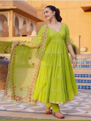 Mahi Light Green Angrakha Style Anarkali Gown Kurti Pant Dupatta Set Salwar Kameez V-Neck