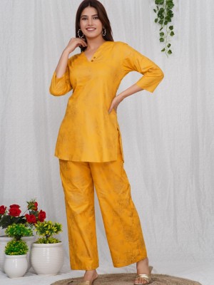 Yellow Cotton Golden Printed Dress Kurti Pant Co Ord Set for Summer