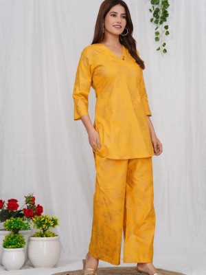 Yellow Cotton Golden Printed Dress Kurti Pant Co Ord Set for Summer