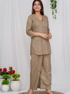 Brown Cotton Golden Printed Dress Kurti Pant Co Ord Set for Summer