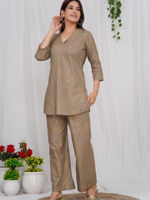 Brown Cotton Golden Printed Dress Kurti Pant Co Ord Set for Summer