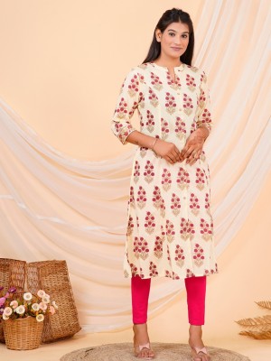 Cream Floral Print Straight Kurti Casual Tunic Top for Women