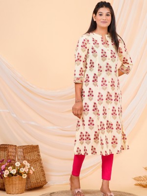 Cream Floral Print Straight Kurti Casual Tunic Top for Women