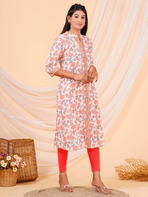 White Floral Print Straight Kurti Casual Tunic Top for Women